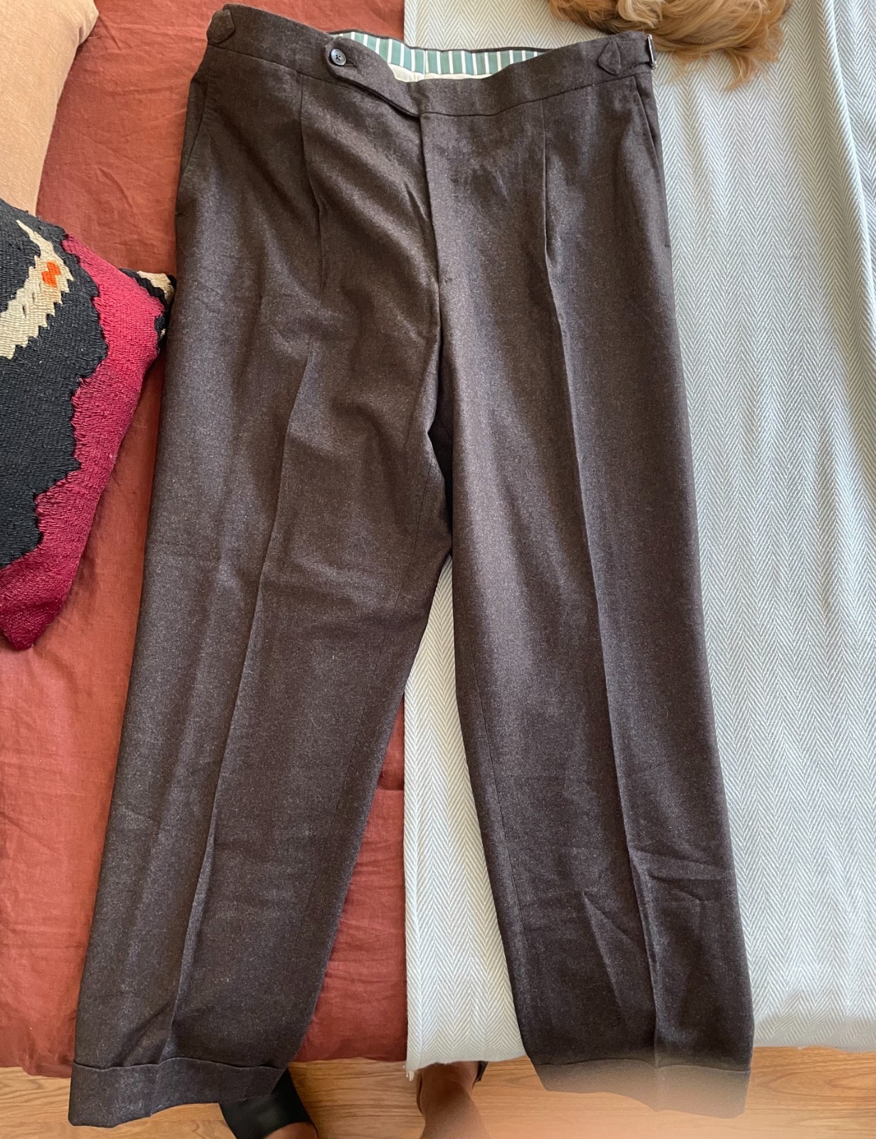 Natalino Brown Wool Flannel Pleated Trousers, Made in Italy, Size 54 (35×29)