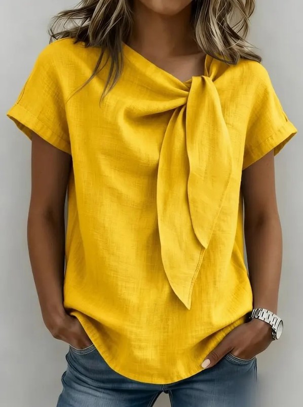 Women’s Bow Neck Short Sleeve Blouse Casual Solid T-Shirt