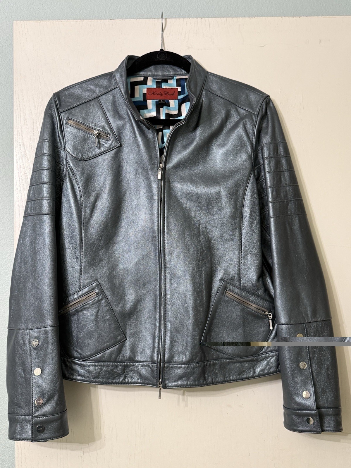 Nicola Bertie Metallic Blue Leather Blazer Jacket