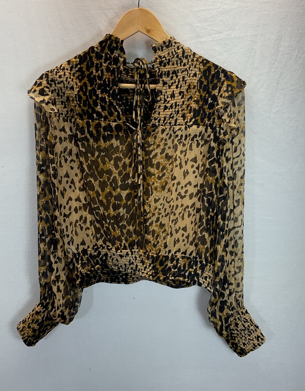 Free People Roma Leopard Blouse Smocked Neck Ruffle Shear Chiffon Long Sleeve XS