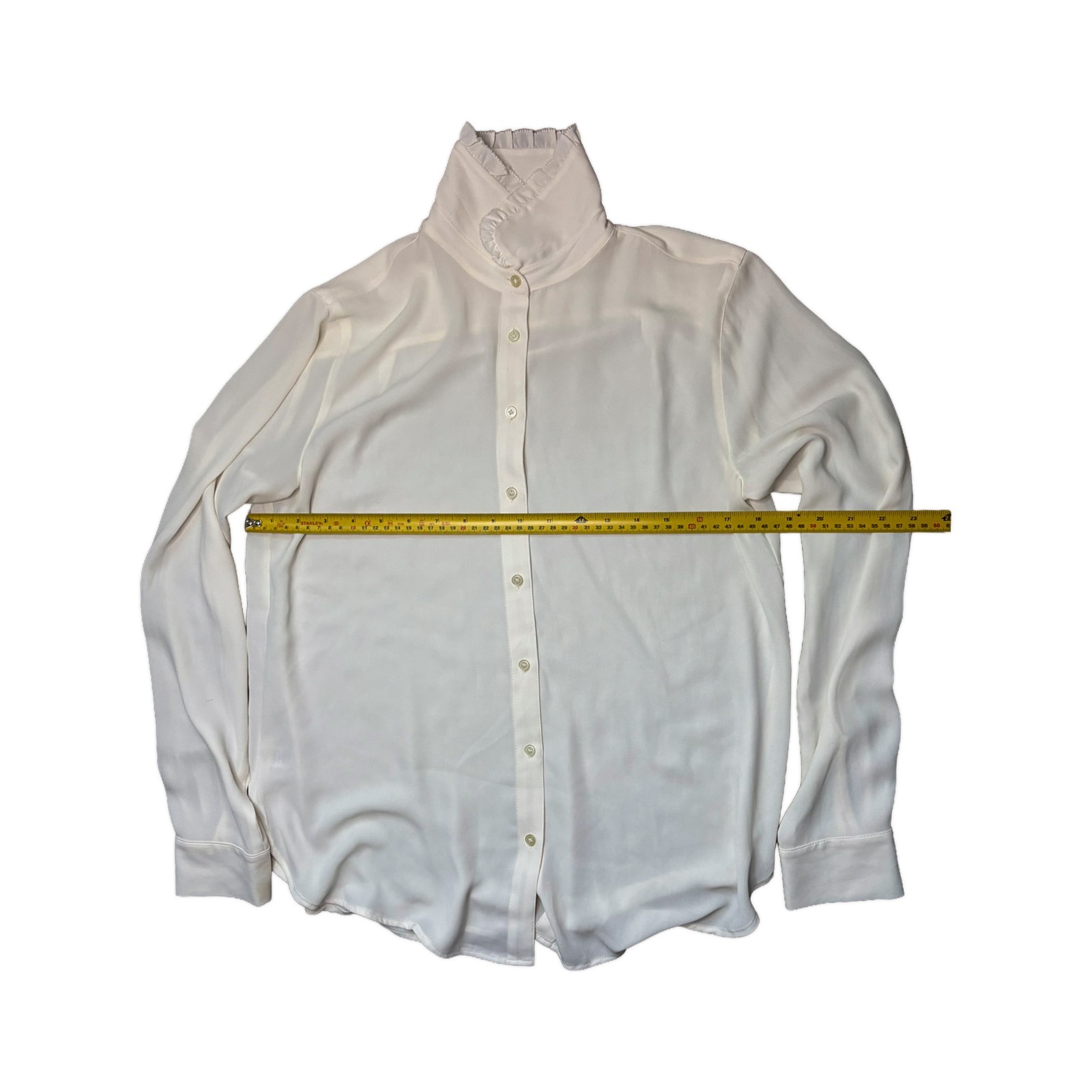 LOFT Button Down Womens Blouse Small White Ivory Ruffle High Neck Long Sleeve