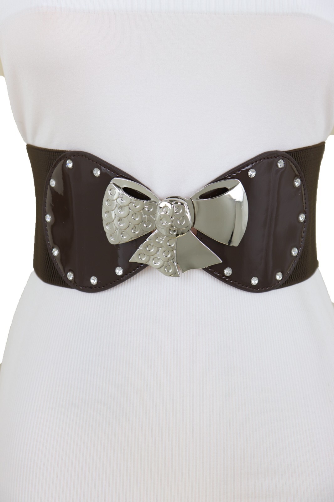 Women Dark Brown / Gold Wide Fashion Belt Silver Metal Bow Tie Ribbon Buckle S M