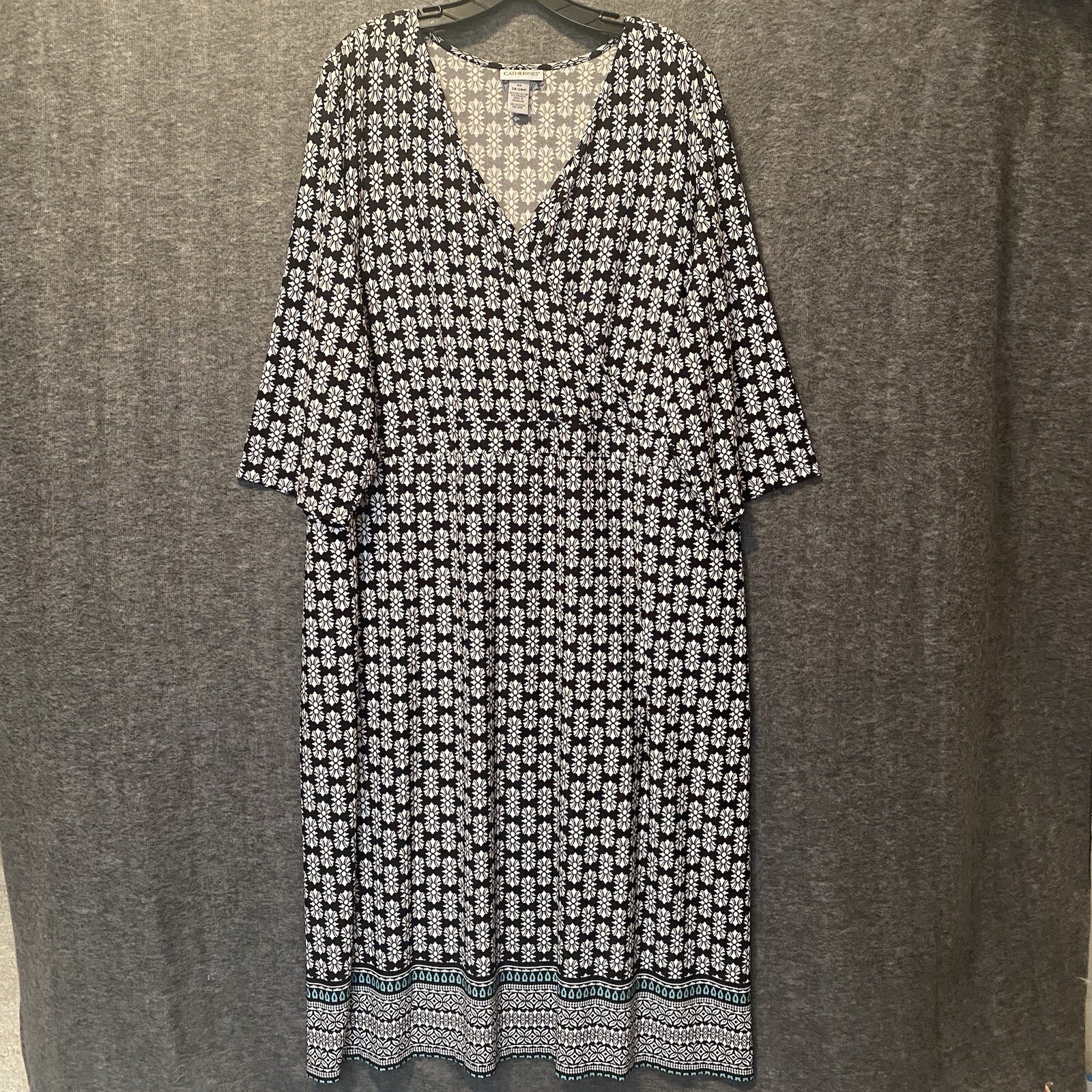 Catherines Maxi Dress Womens 3X 26/28W Surplice Tie Stretch Black White Floral