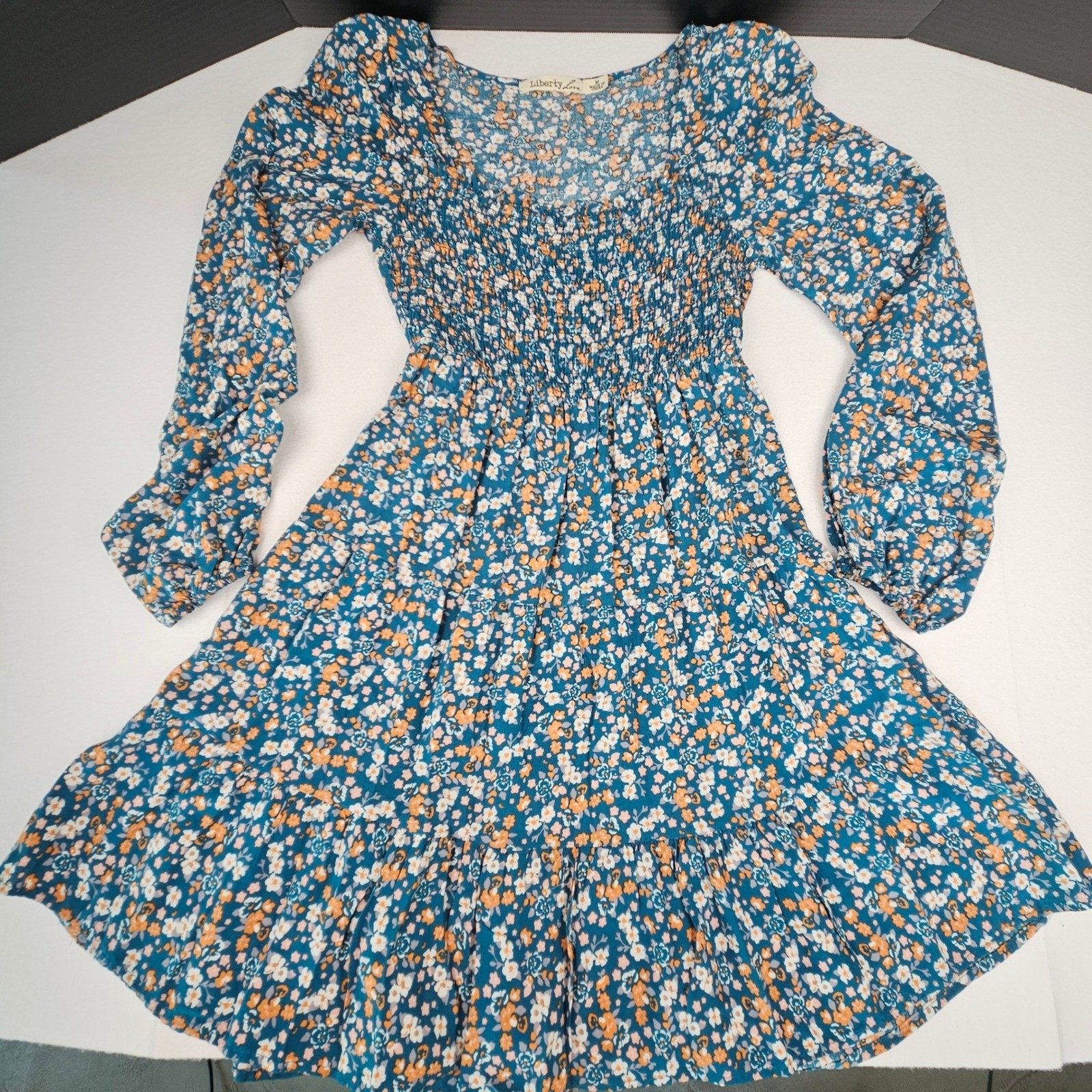 Liberty Love Teal Floral Smocked Mini Dress Long Sleeve Prairie Junior Medium