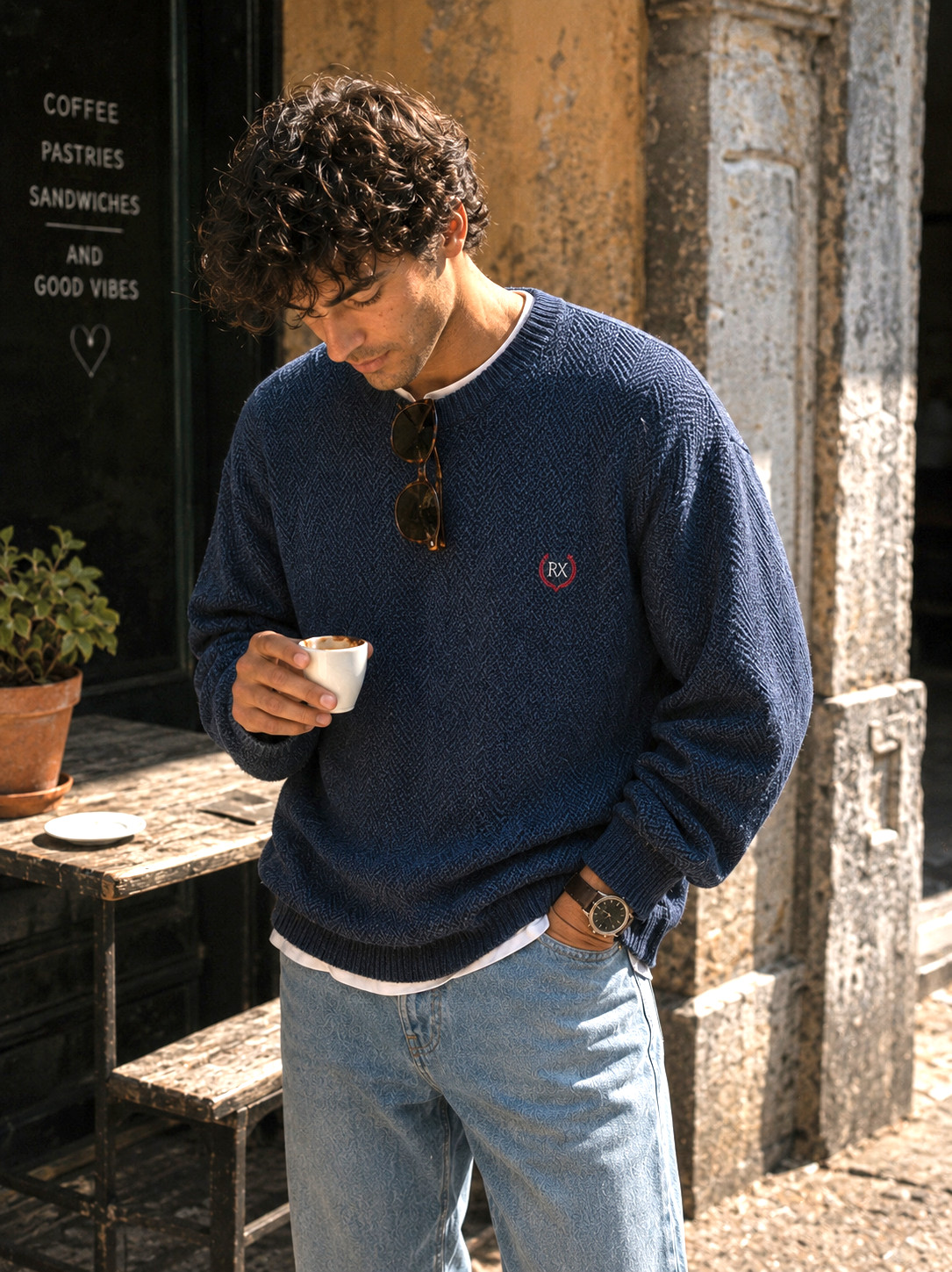 Chaps Ralph Lauren Mens Large Cotton Herringbone Sweater Blue Gray Crewneck