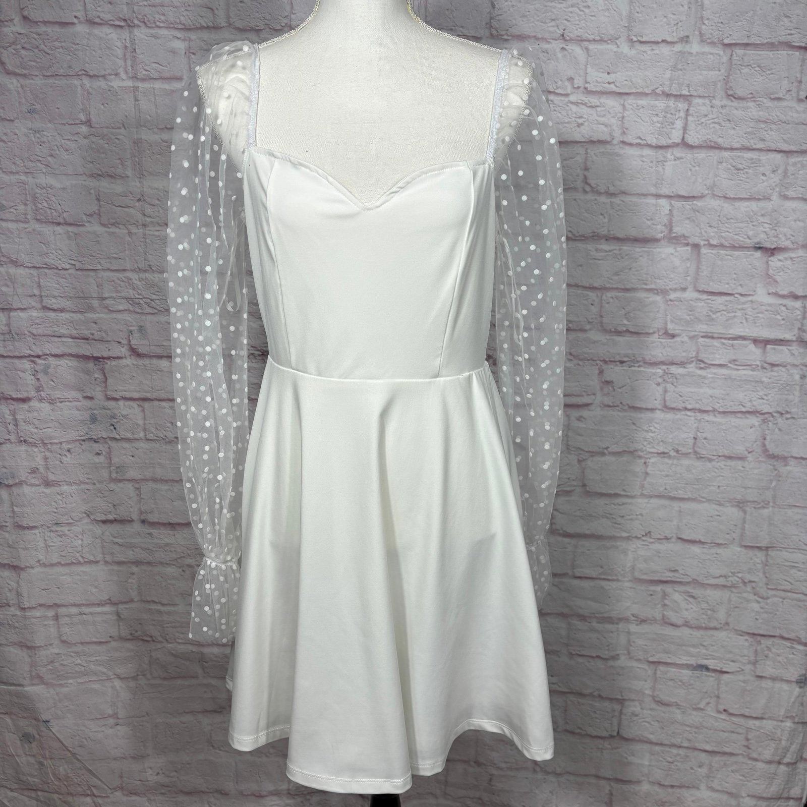 White Polka Dot Mesh Sleeve Fit & Flare Mini Dress Large