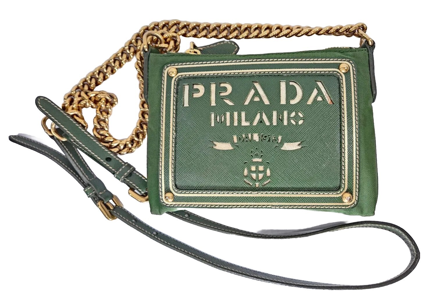 Prada Crossbody Tessuto Saffino Mini Chain Crossbody Green Gold Cut Out Logo