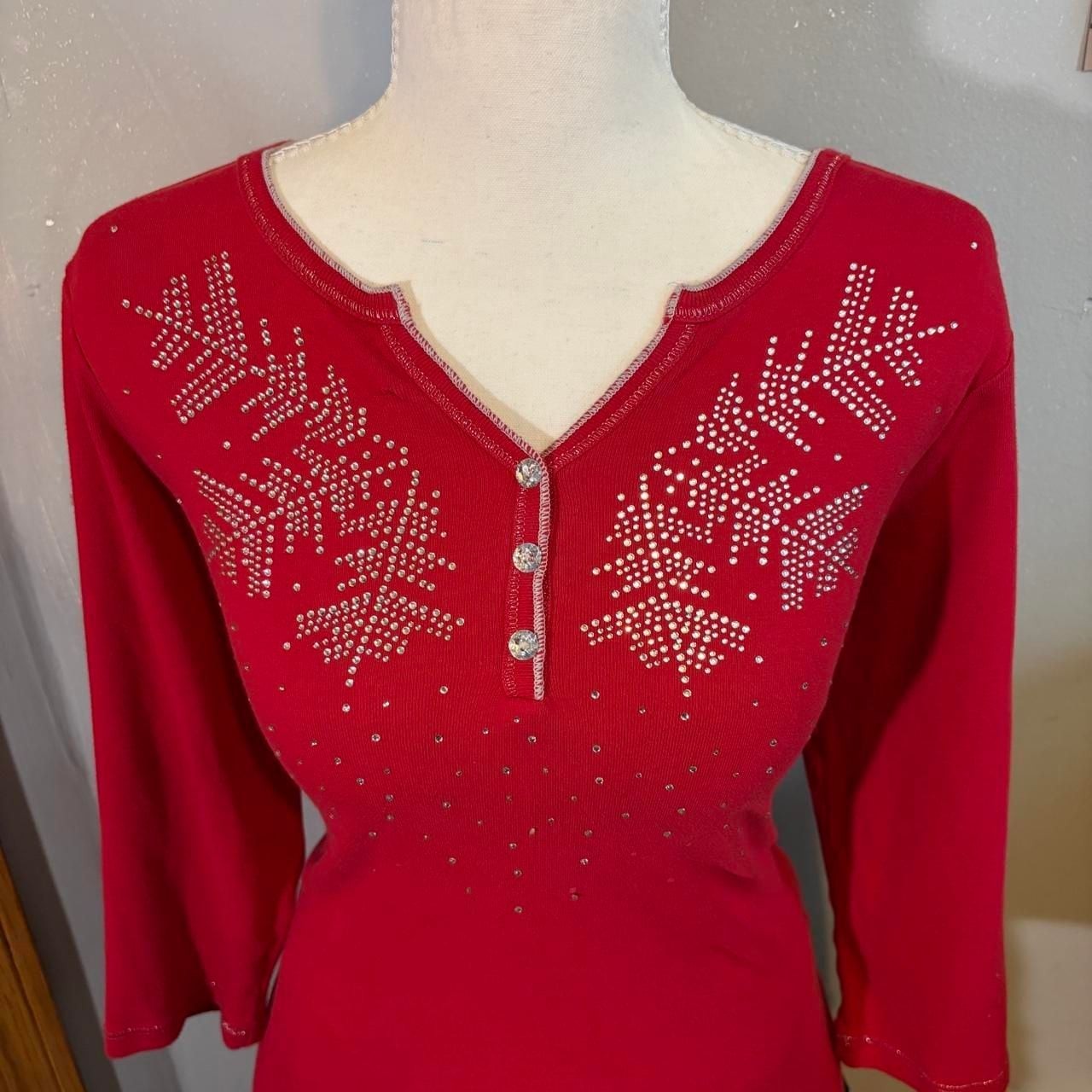 Christopher & Banks Red Snowflake Rhinestone Henley Top