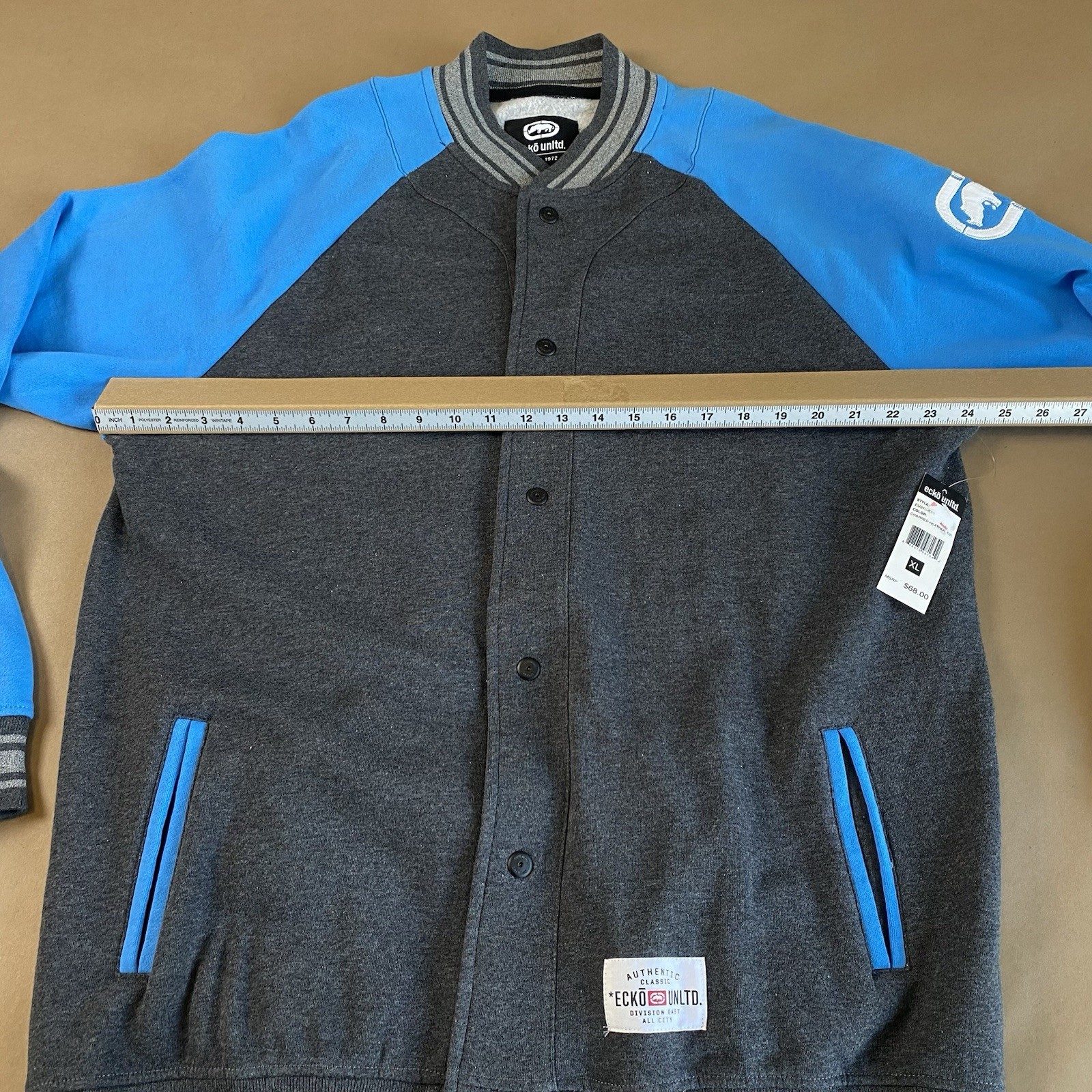 Ecko Unltd XL X-Large Button-Up Sweatshirt Jacket Rhino Logo Men Blue Gray
