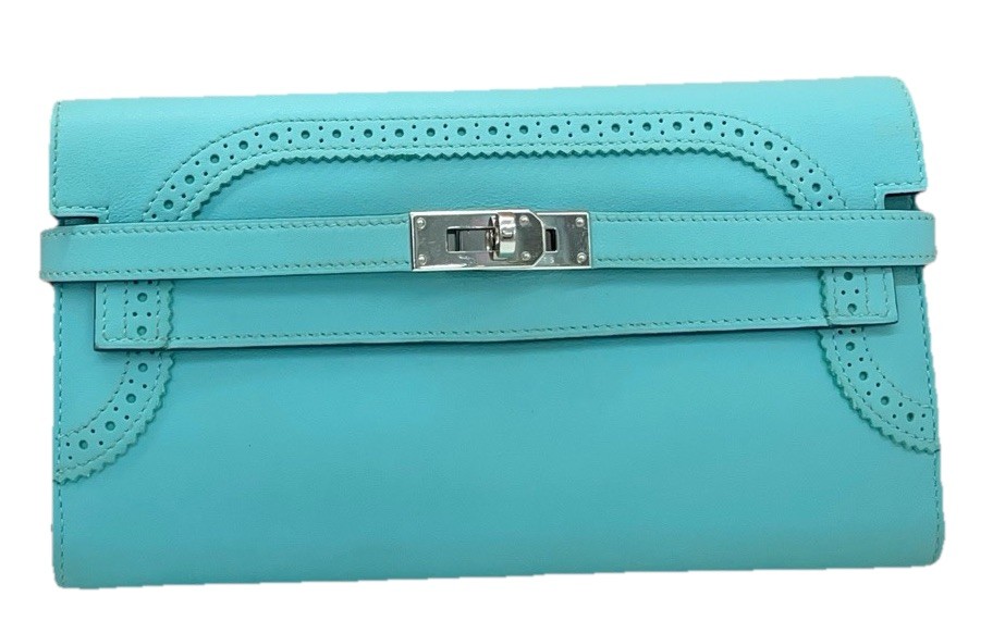 Authentic Hermès Kelly Long Wallet Tiffany Blue Swift Leather Lace Cutout Silver