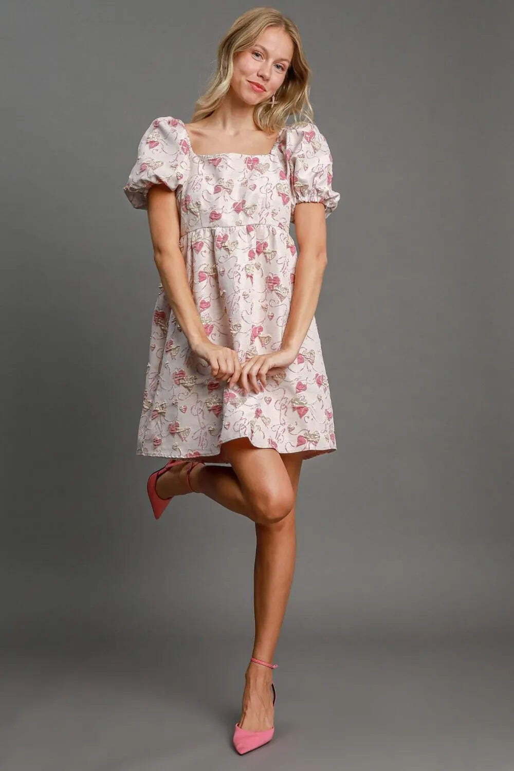 Umgee White Pink Heart Jacquard Square Neck Puff Sleeve Mini Babydoll Dress