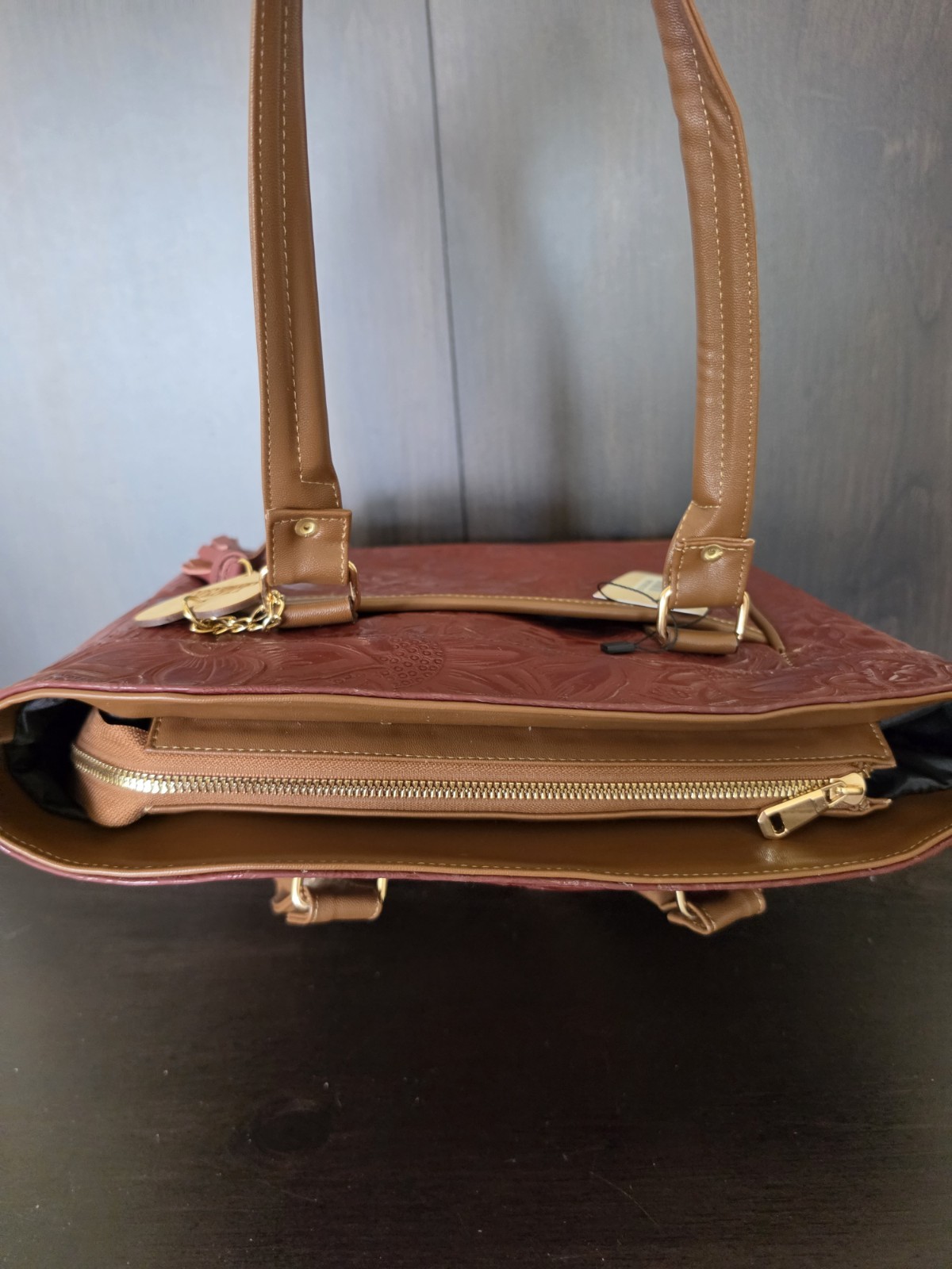 Sunflower Red Wine Brown Embossed Tooled Artisan Mexican LEATHER Purse Handbag
