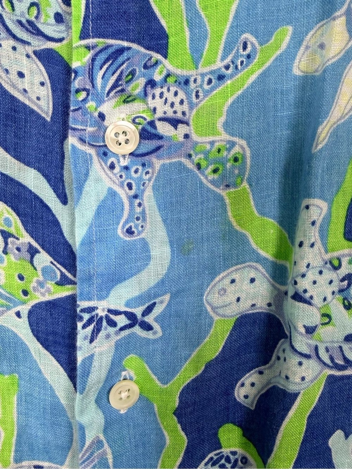 Lilly Pulitzer Men’s Stuff Wyeth 100% Linen Shirt L Sea Turtle Coral Blue Print