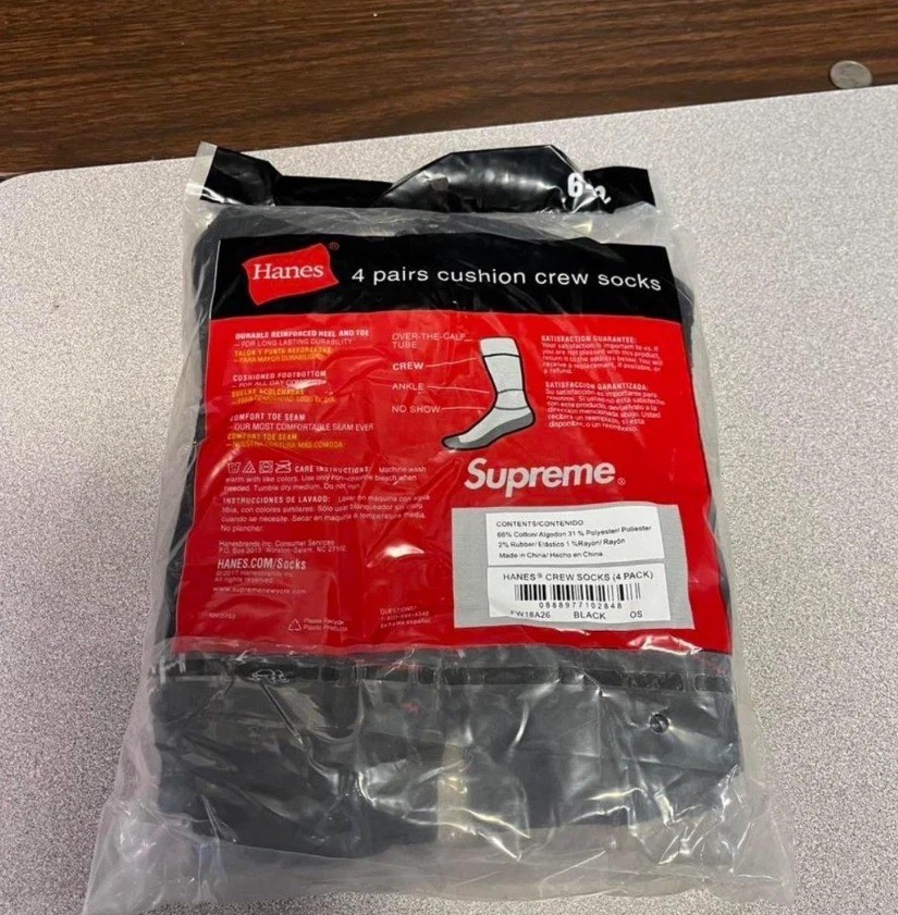 Supreme Hanes Black Crew Socks 4-Pack Men’s Size 6-12 New Sealed