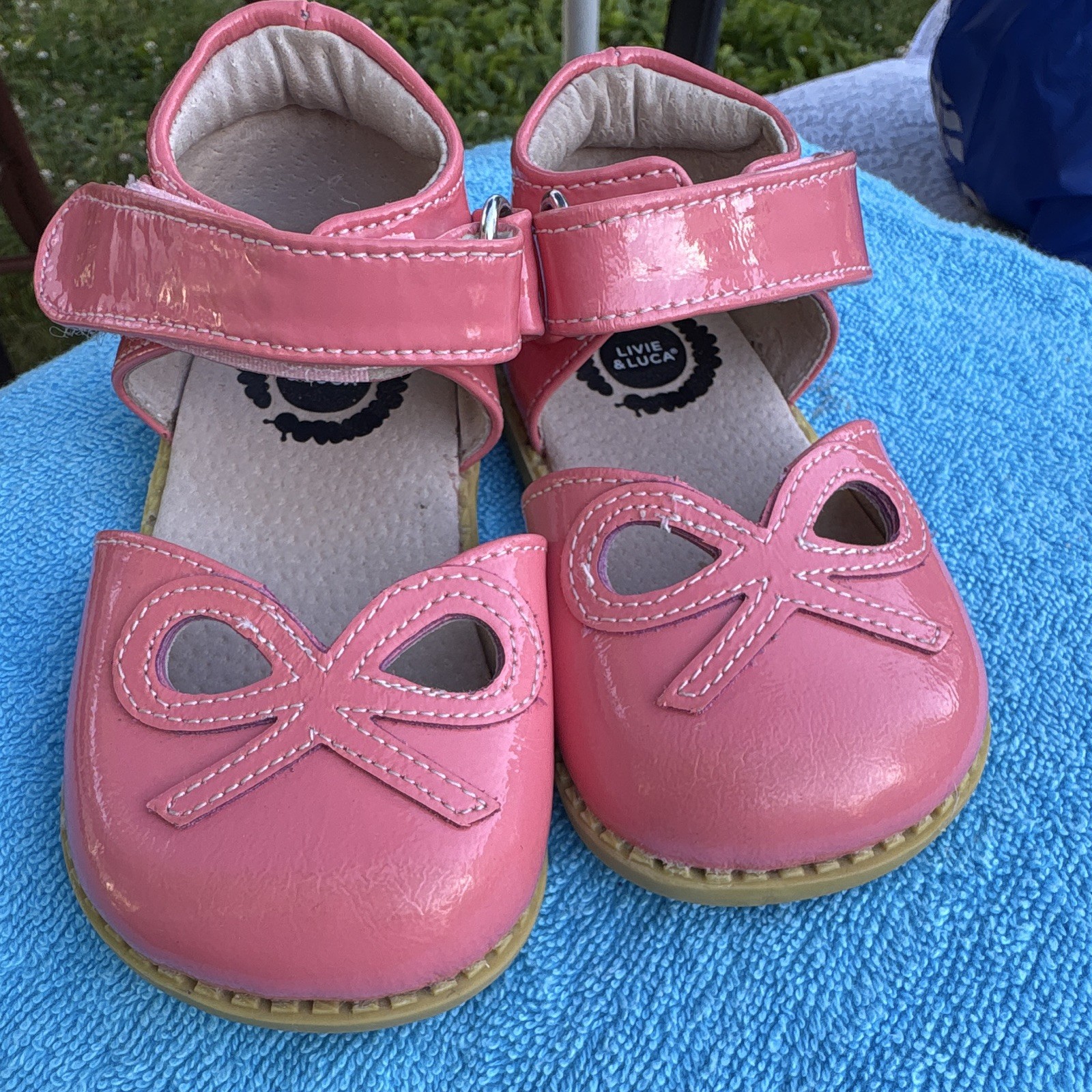 Livie & Luca Girls Pink Mary Jane Flats Hook & Loop Adjustable Strap Bow