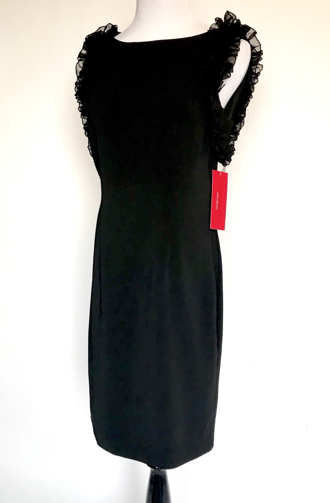 Carmen Marc Valvo Sz 8 Sheath Dress Black Ruffle Arms Retail $325 Price $148 NWT