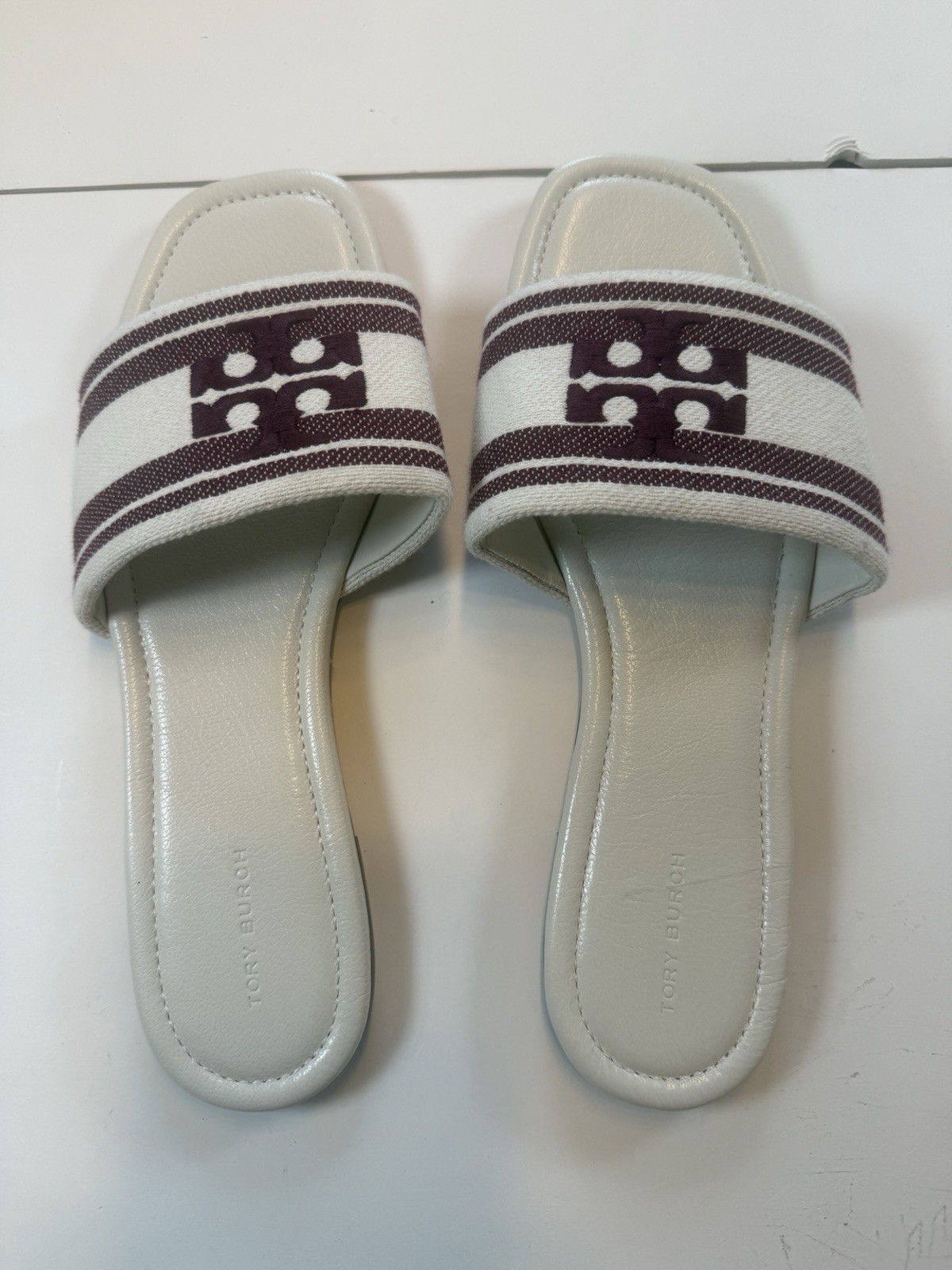TORY BURCH Ash White / Vino Double T Jacquard Slide Sandal Size 10m