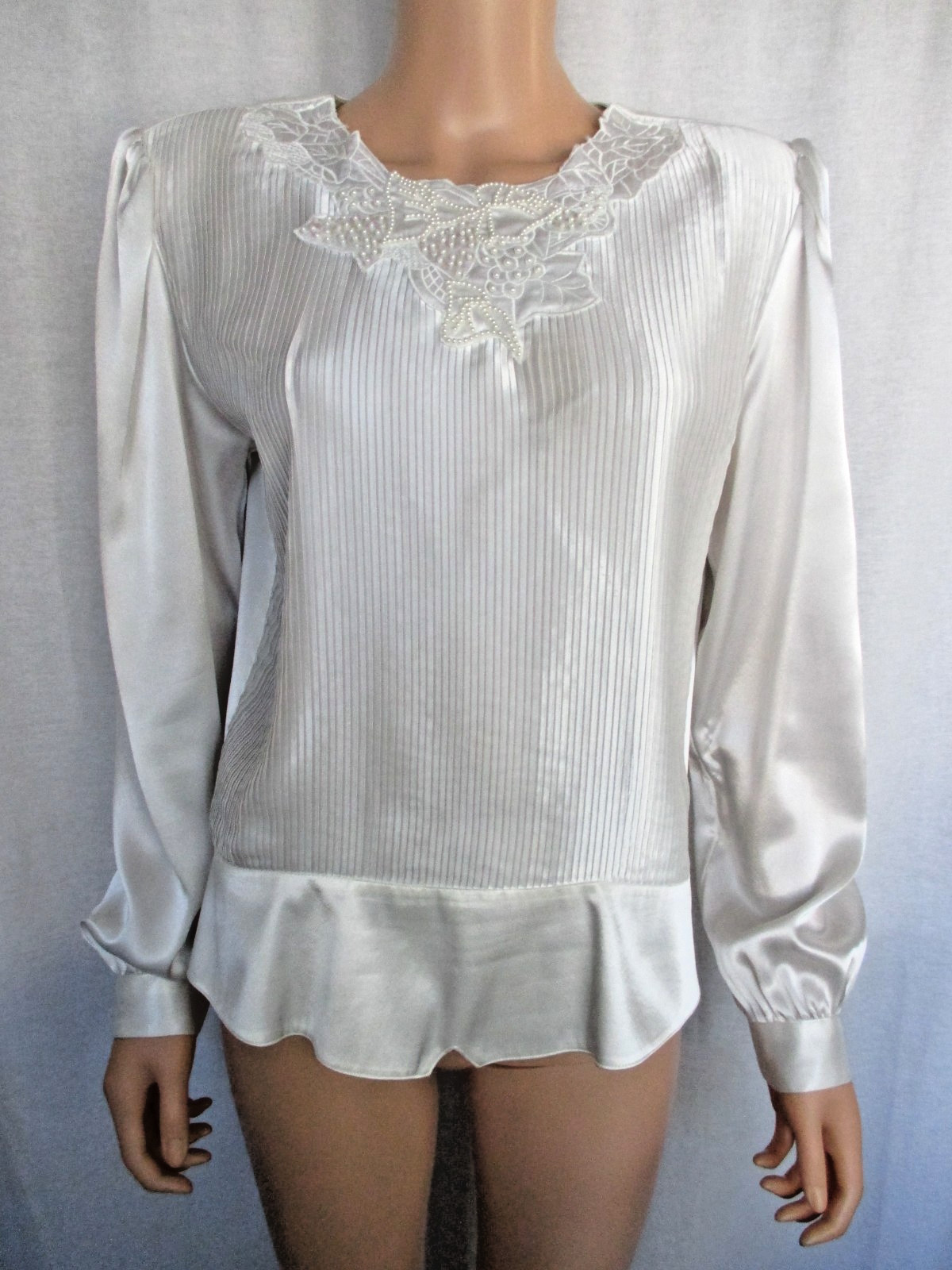 Vintage Nicola Blouse Size 14 White Pleated Front Beaded Neckline Polyester