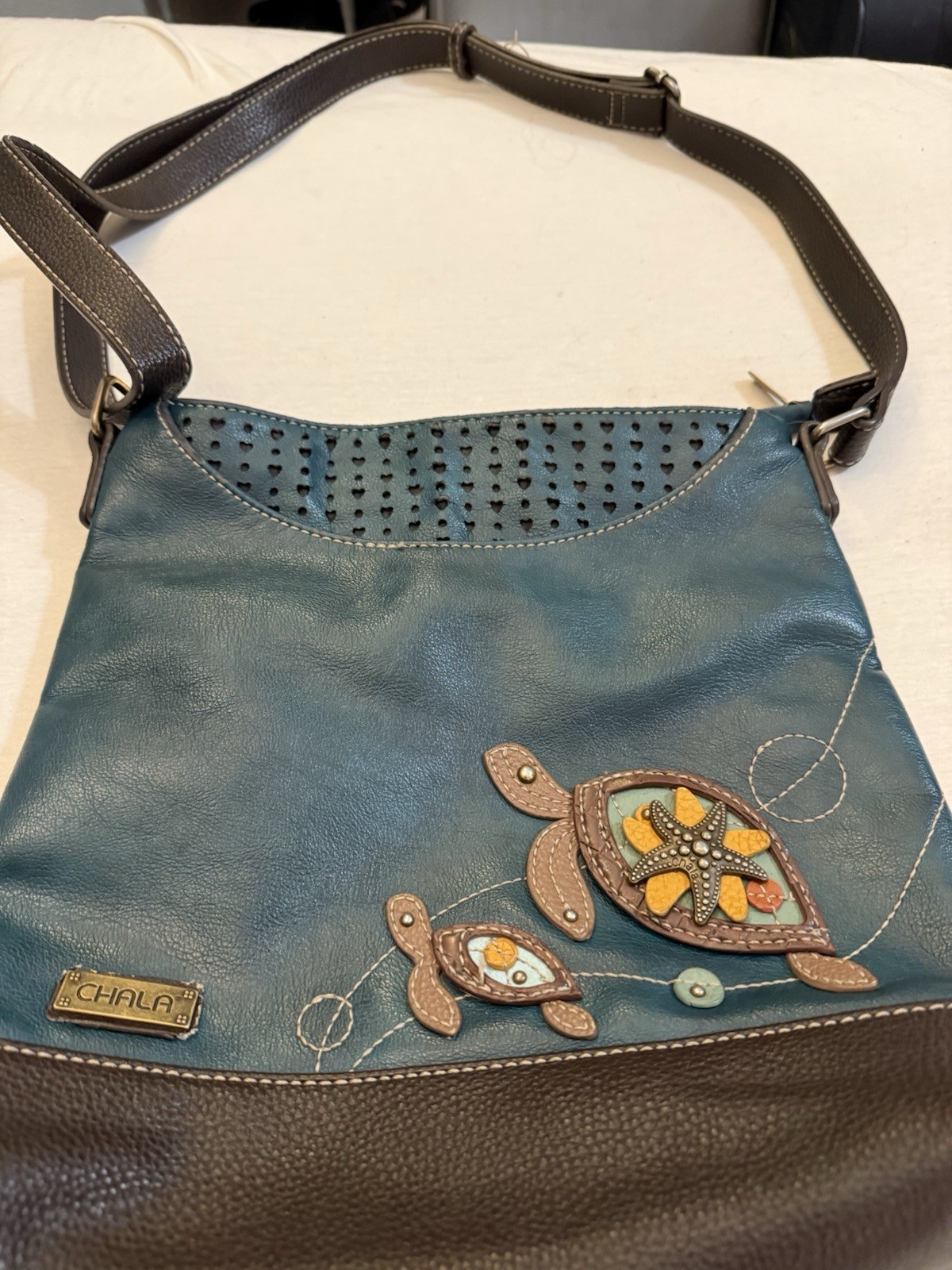 Chala Sea Turtle Crossbody Bag Blue Brown Vegan Leather Adjustable Strap EUC