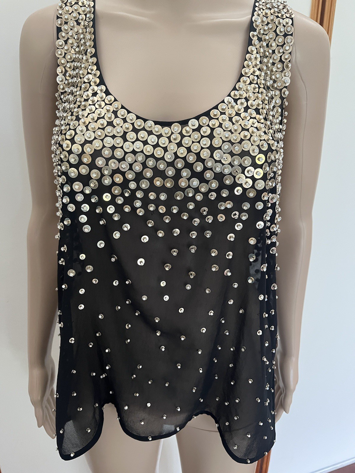 RETROFETE Marissa sequin Top Singlet Blouse Size Medium Black Silver