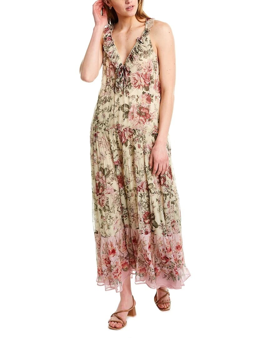 NWT Secret Mission Emmeline Silk Maxi Dress Beige Floral Ruffle Trim Medium