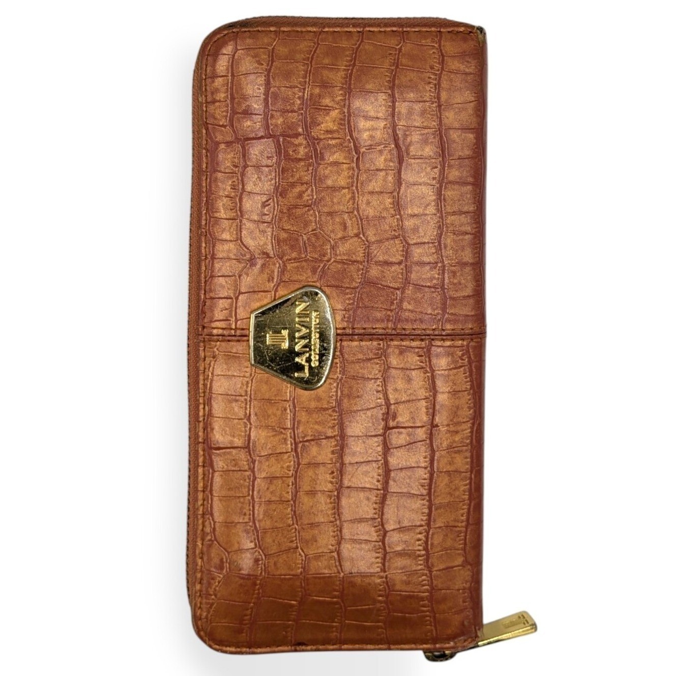 Lanvin Collection Wallet Dark Coral Crocodile Embossed Zip Around Long Accordion