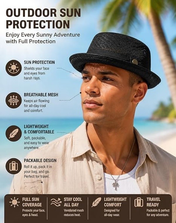 Summer Breathable Mesh Pork Pie Hat for Men