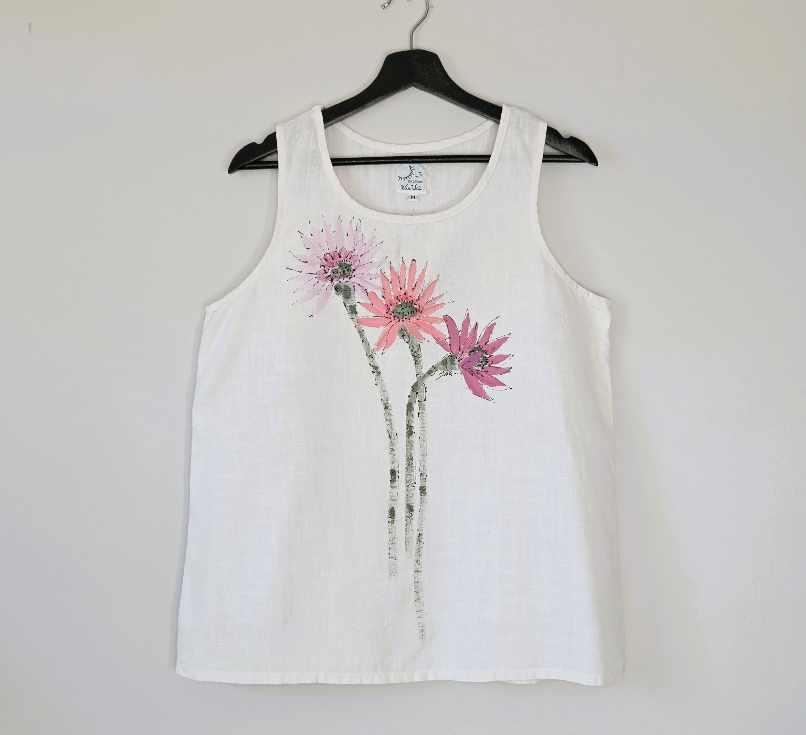 Vintage Via Vai by Pollero Linen Handpainted? Floral Tank Top Size M Cottagecore