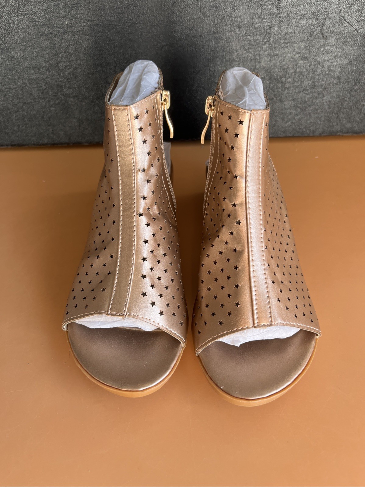 Nicole Miller Shoes Size 4 Gold, Star, Open Toe Zip Boot Open Heel