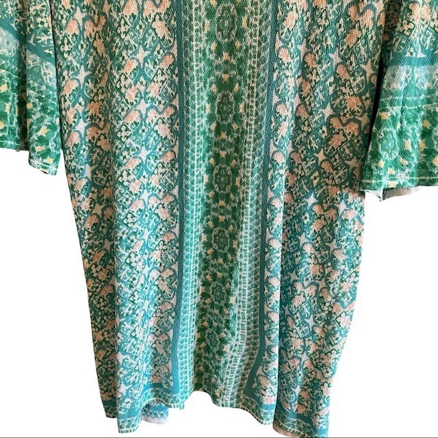 Chicos Soft Tile Stripe Duster Cardigan Sweater 2 L Turquoise Boho Open Front