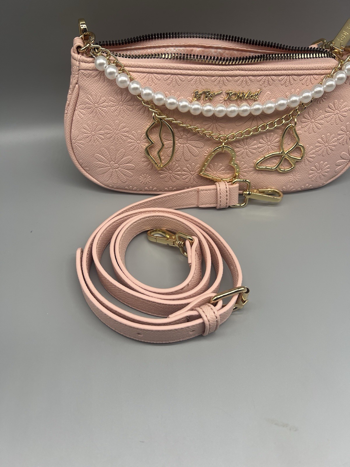 Betsey Johnson Pink Embossed Shoulder Bag Zip Pearl Chain Detach Strap NEW