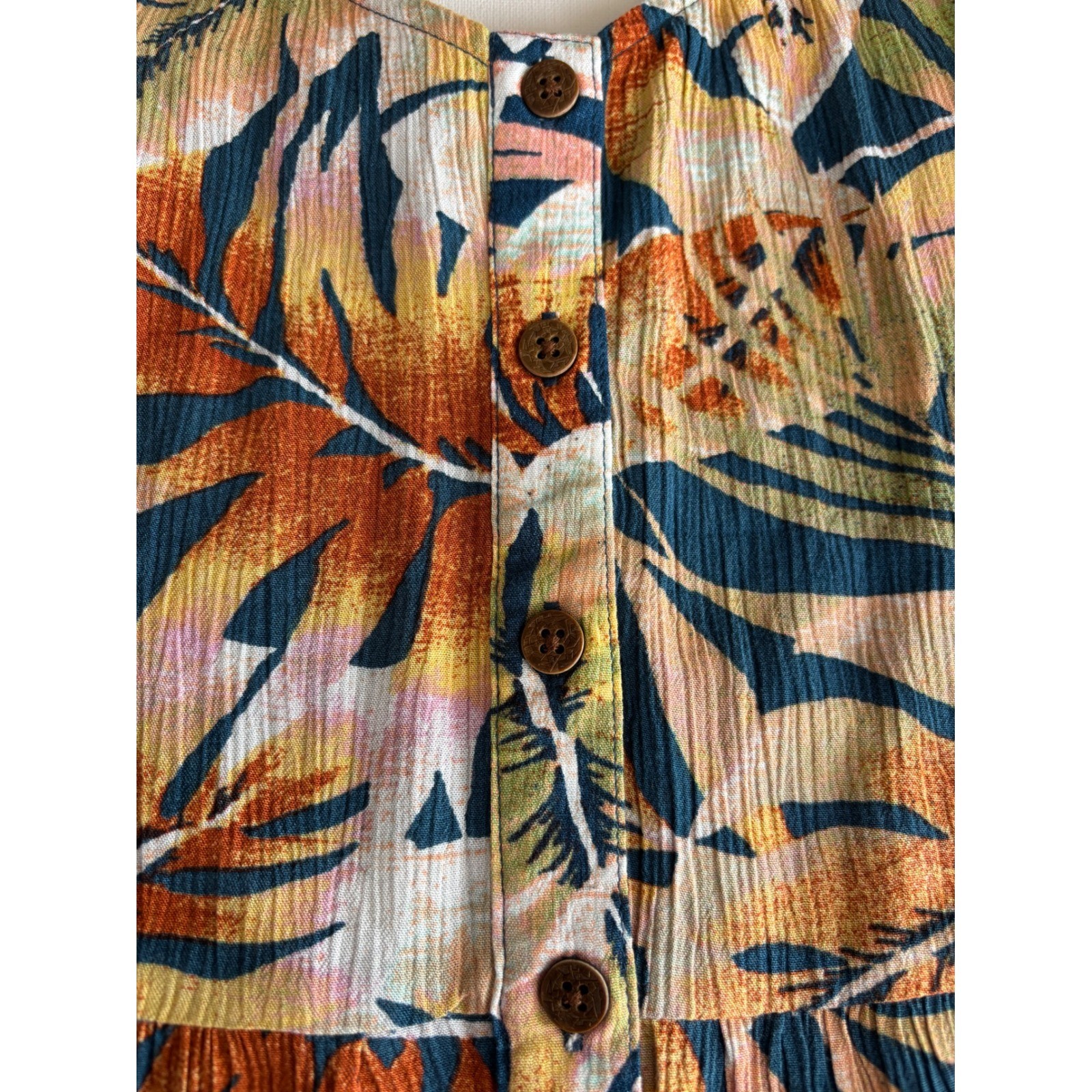 Natural Reflections Tropical Leaf Button Front Midi Dress XL Smocked Boho