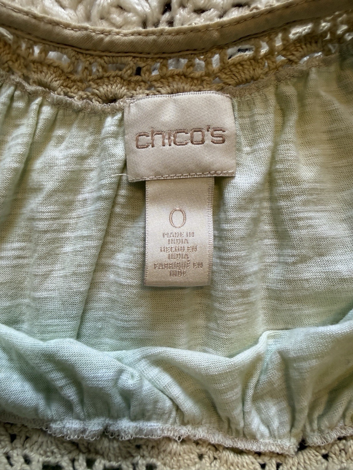 Chico’s Women’s 0 Green/Blue Tie-Dye Crochet Trim 3/4 Sleeve Blouse Top