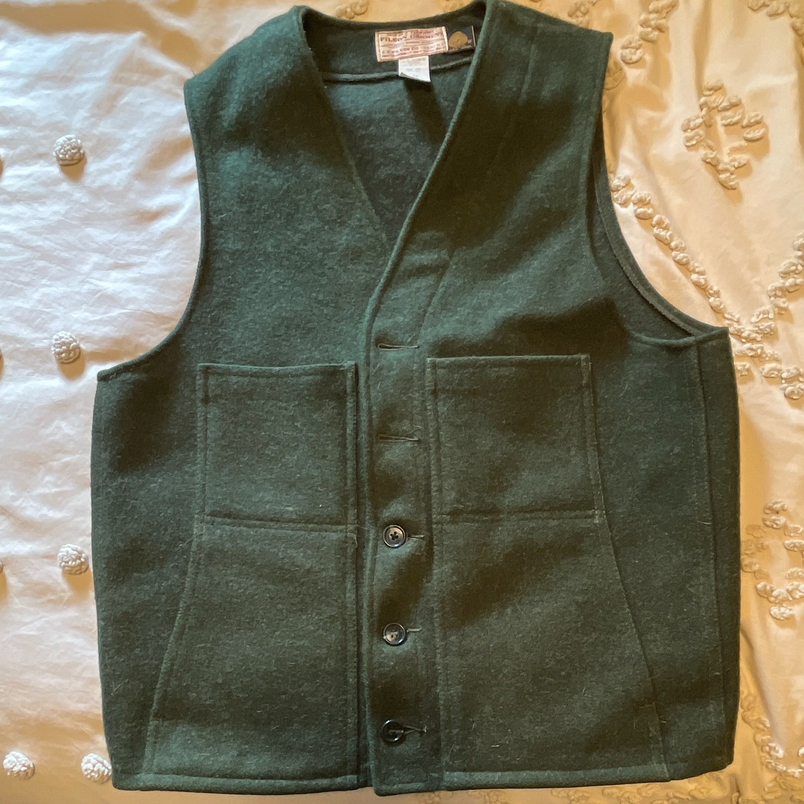 Filson Men’s Green Wool V-Neck Button Front Vest Pockets Size 40