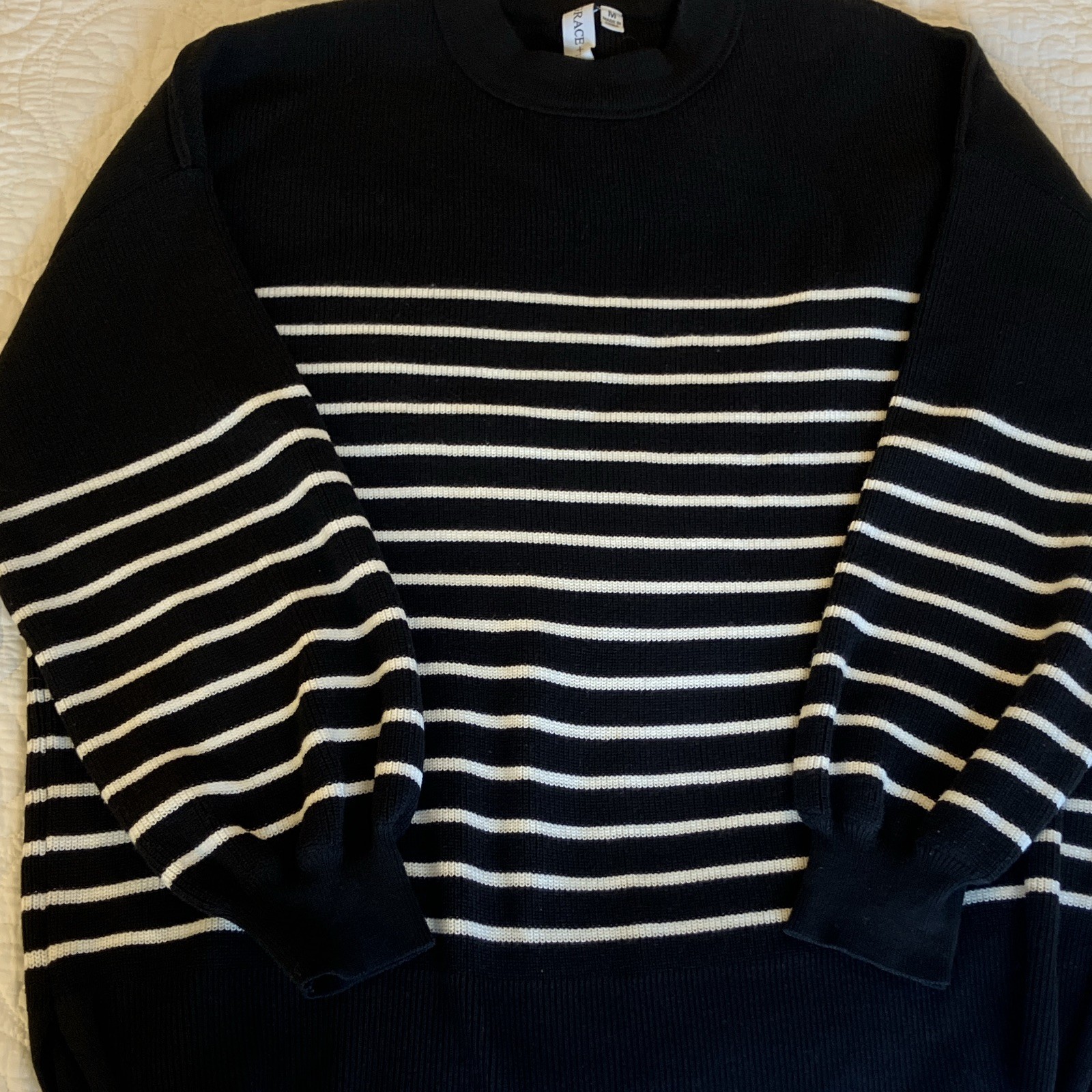 Grace + Karma Womens Knit Striped Crewneck Pullover Sweater M Black White Ribbed