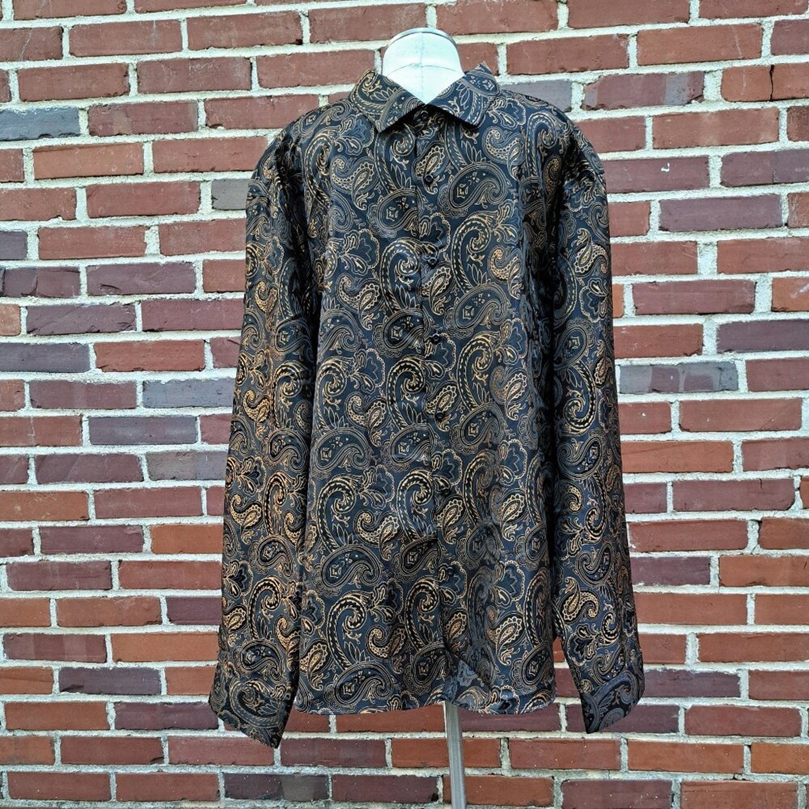 rry Wang Men Metallic Gold Paisley Long Sleeve Shirt Size 4XL NWT