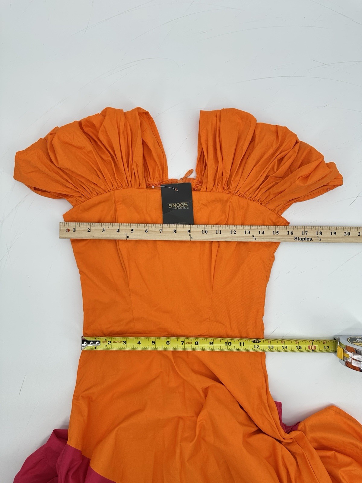 Colorblock Midi Dress Sz 6 Orange Pink Puff Slv Square Neck Dopamine Statement