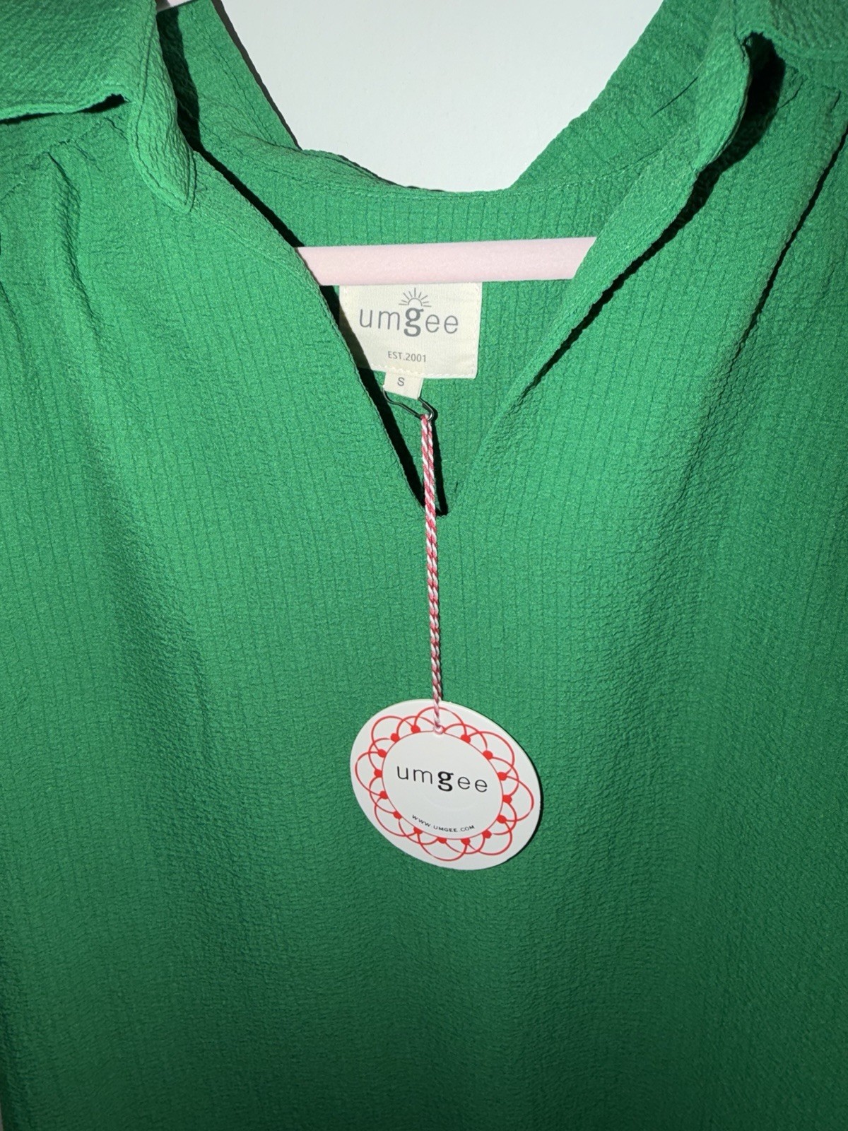 UMGEE Women’s Green Solid Collared Short Puff Sleeve Ruffle Blouse Size S