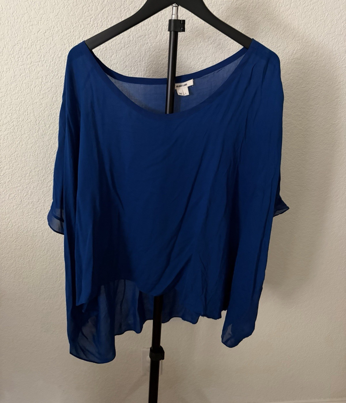 Helmut Lang Blue Sheer Chiffon Blouse L 3/4 Sleeve Scoop Neck Pullover SW-TP0572