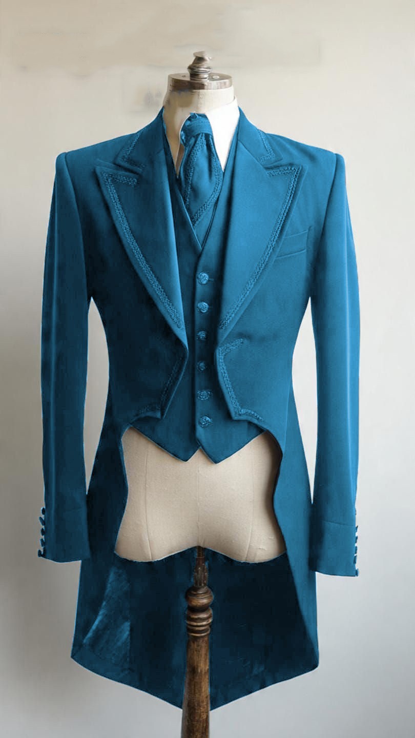 3Pcs Mens Suit Dinner Evening Tailcoat Peak Lapel Tuxedos Blazer Business Jacket