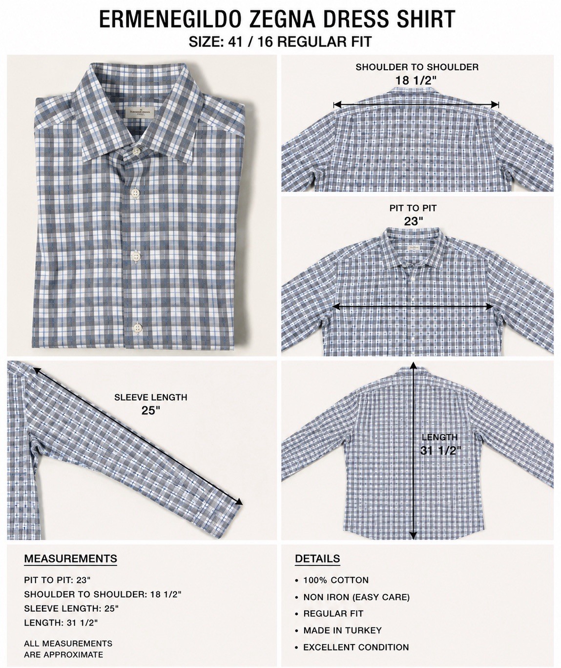 Ermenegildo Zegna Dress Shirt Mens 41 16 Regular Fit Excellent Cotton Plaid