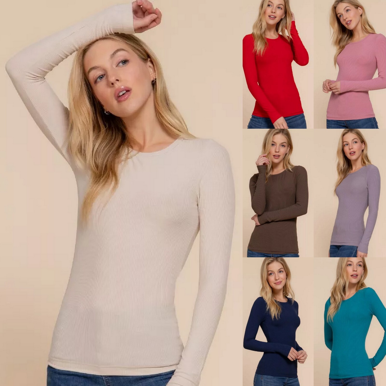 Crew Neck Long Sleeve Rayon Rib Knit Top Soft Stretch Active Basic Fitted Tee