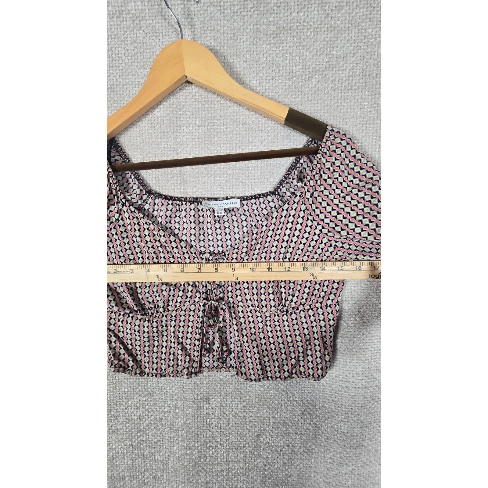 Maison d’Amelie Pink Geometric Tie Front Balloon Sleeve Crop Top XS
