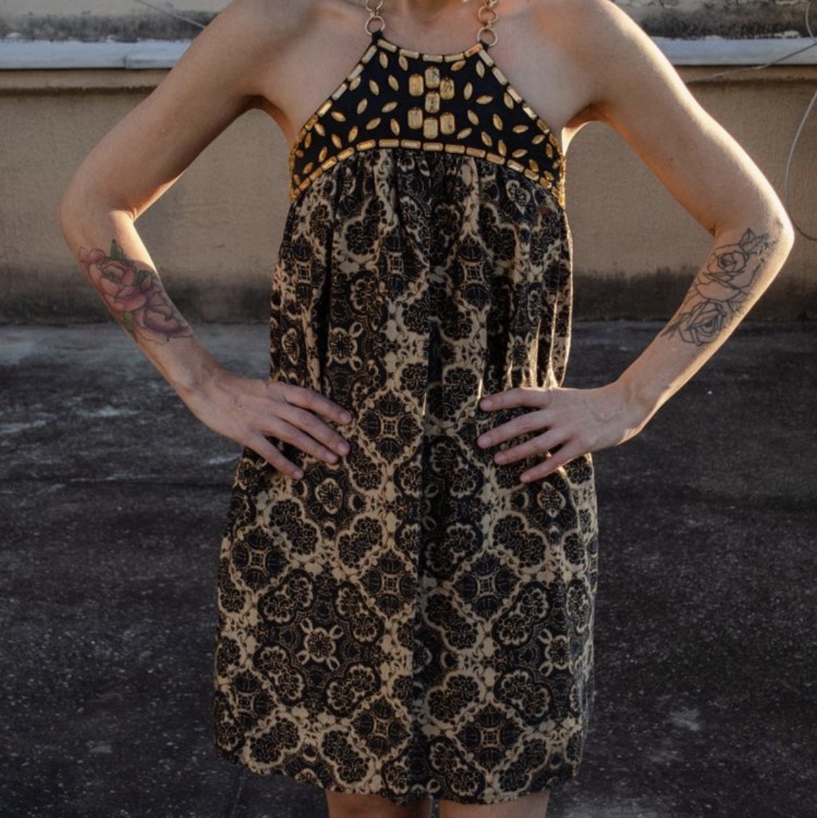 Vintage Arden B Sleeveless Halter Beaded Gold Tone Chain Flowy Dress Size XS