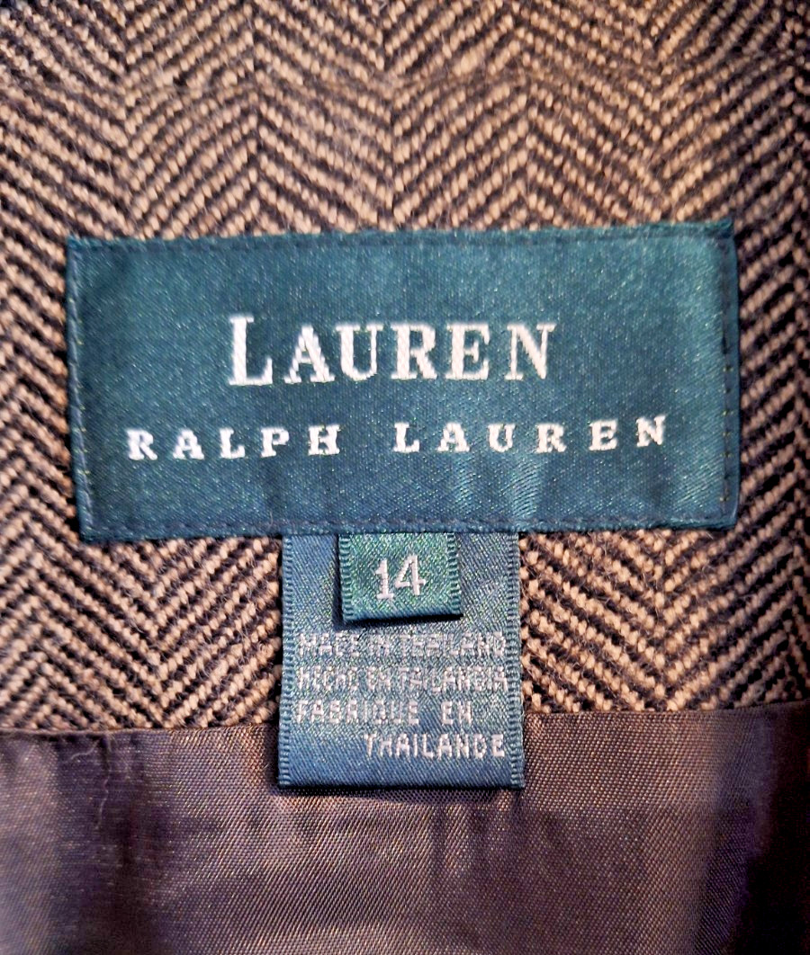 Ralph Lauren Jacket Womens 14 Brown Pure Wool Herringbone Tweed Lined