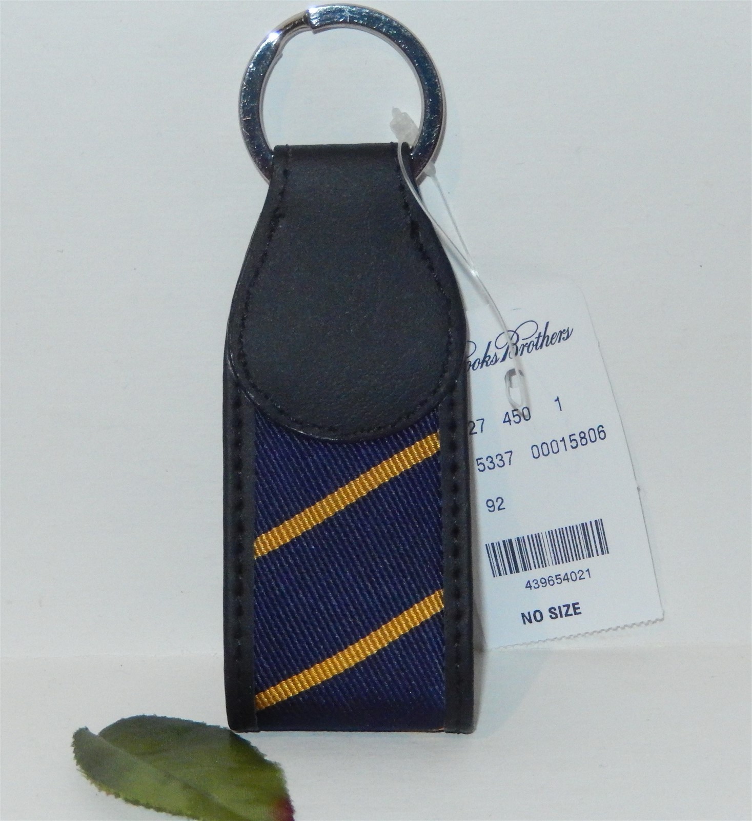 BROOKS BROTHERS Leather and Fabric Blue and Yellow Striped Keyring Key Chain NWT