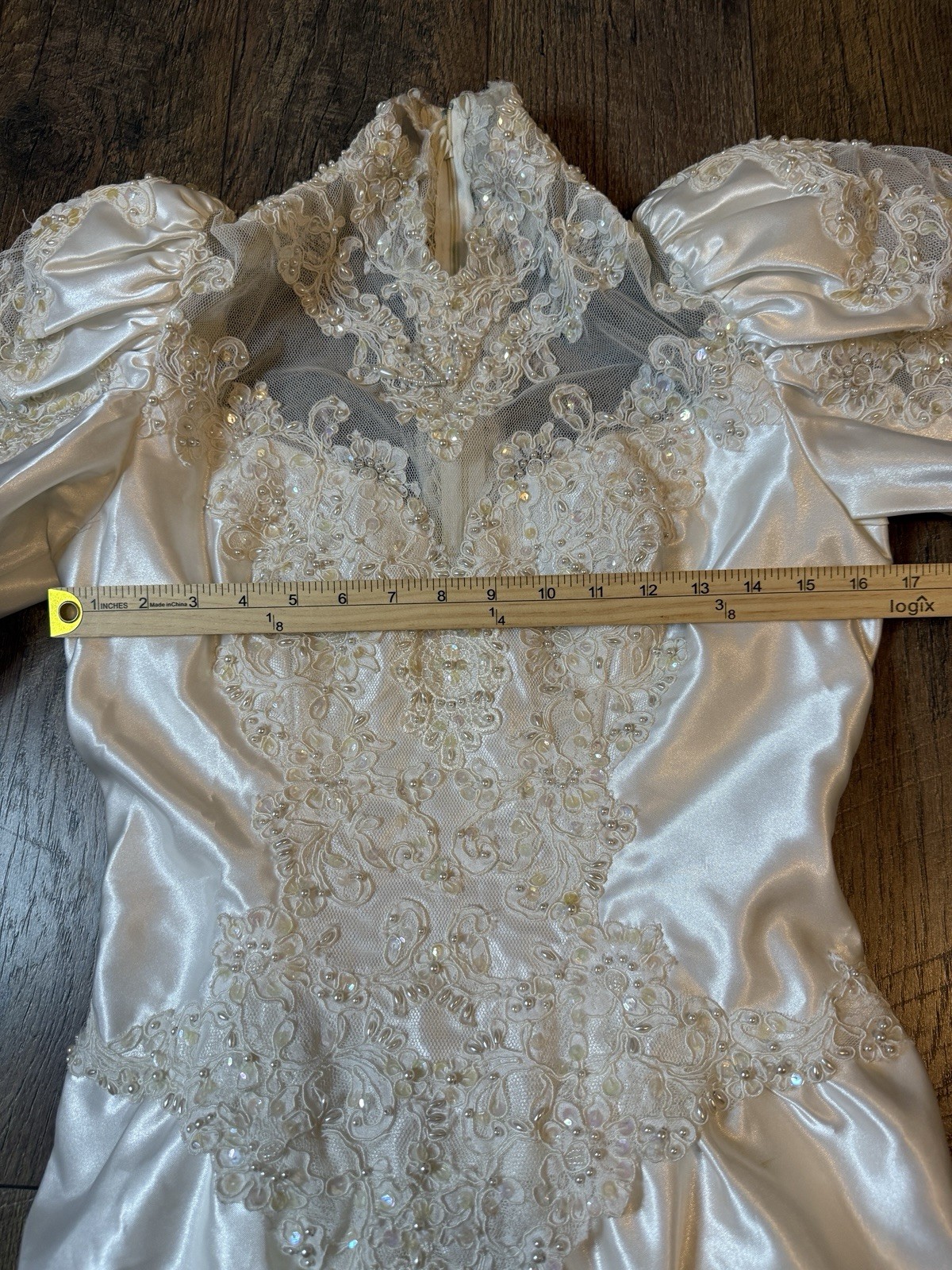 Vtg Mori Lee Satin Wedding Dress High Neck Puffed Sleeves Beading Lace Sz 8