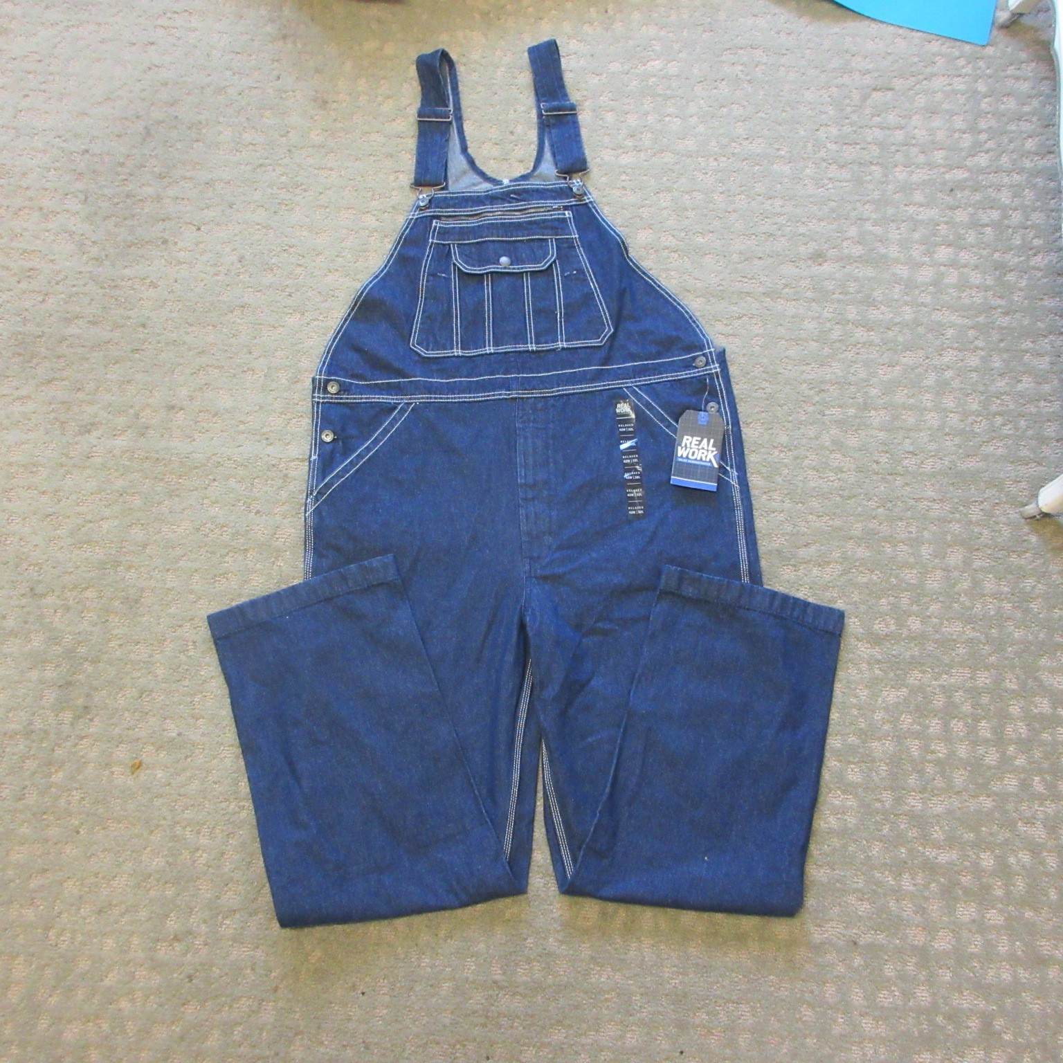 Real Work Men’s Denim Bib Overalls Carpenter Zip Fly Size 42×32 Relaxed Fit NWT