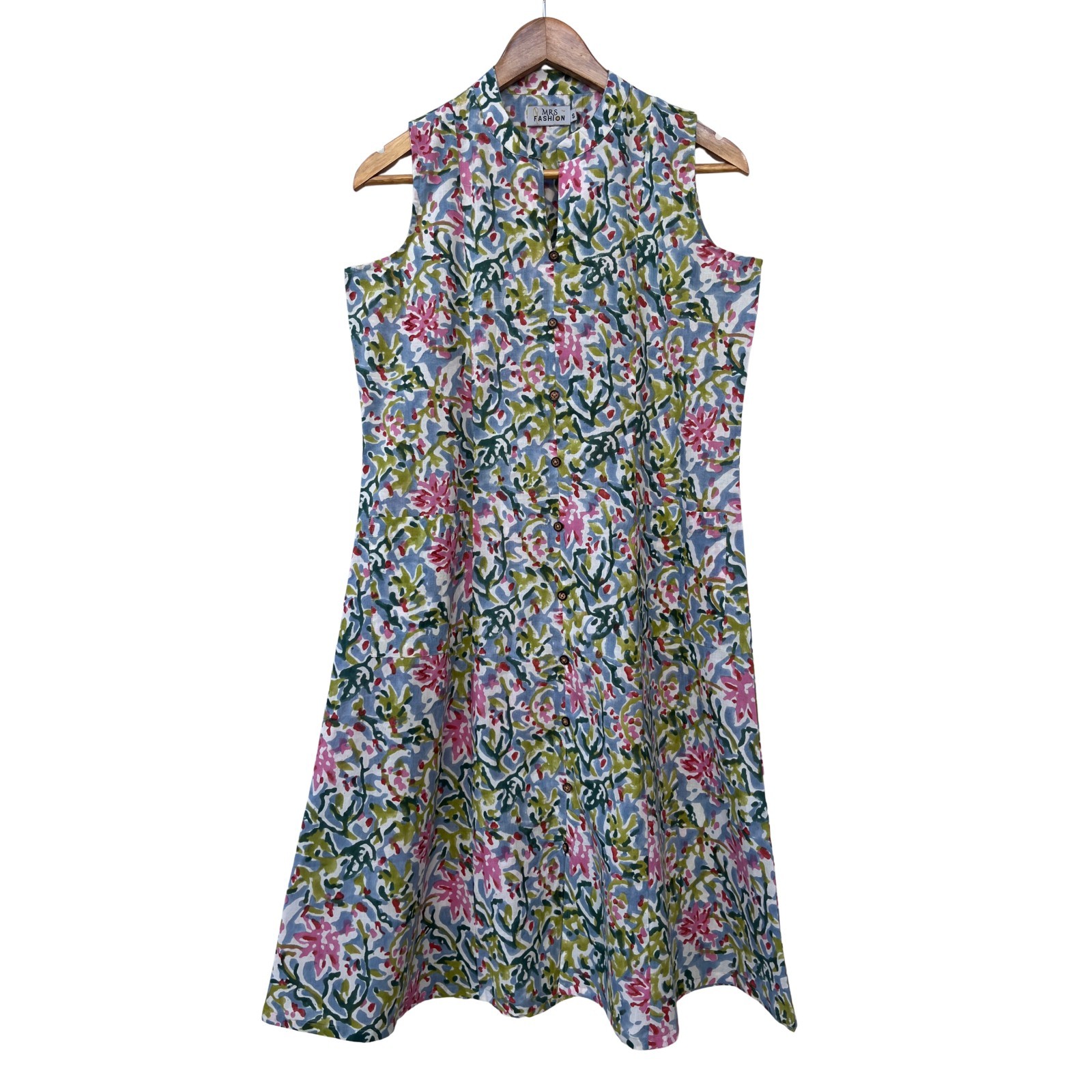 Women’s Hand Block Print Cotton Dress Multicolor Floral French Seams Pockets