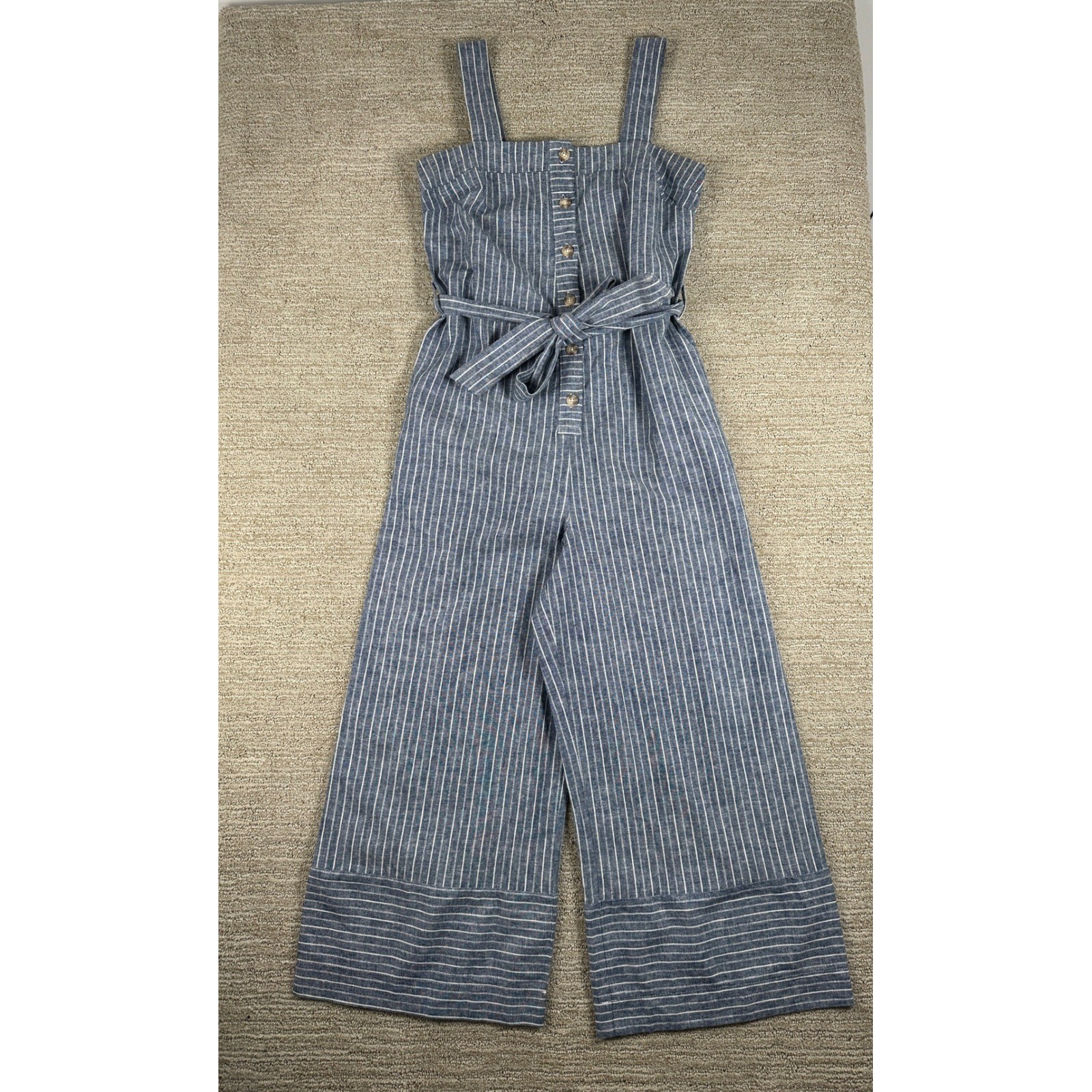 Warehouse Blue White Striped Linen Cotton Wide Leg Jumpsuit Button Front Sz US 2